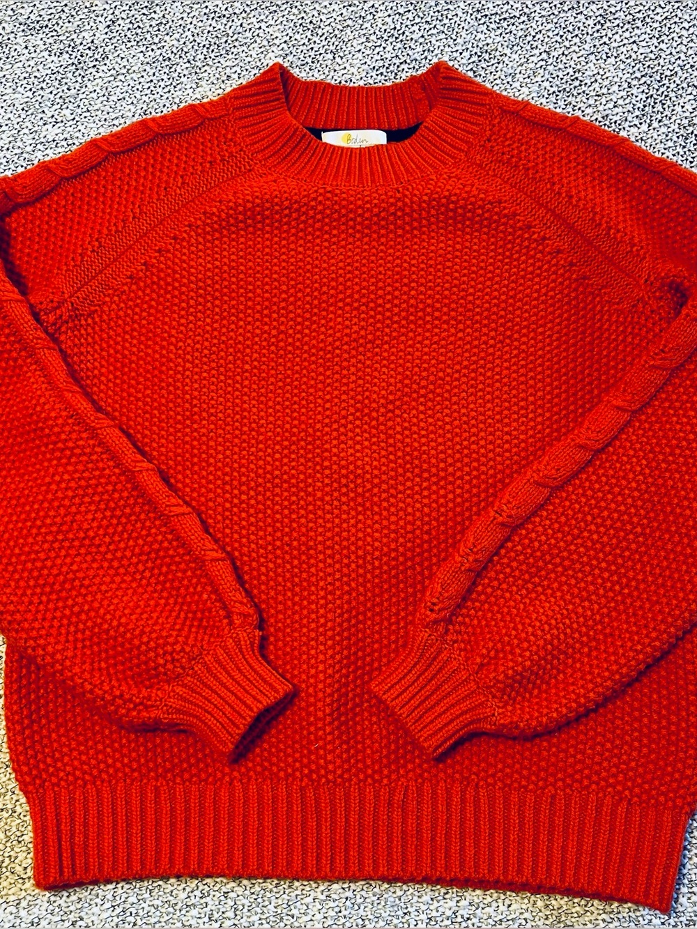 Boden Isabella Cherry Red-Orange Braided Cable Sleeve Knit Sweater in Size Small